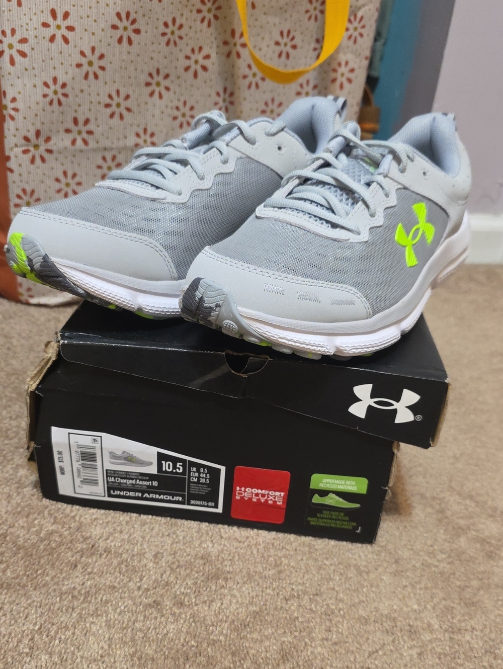 Under Armour Men’s Charged Assert 10 Running Shoes - Light Gray/Neon Yellow